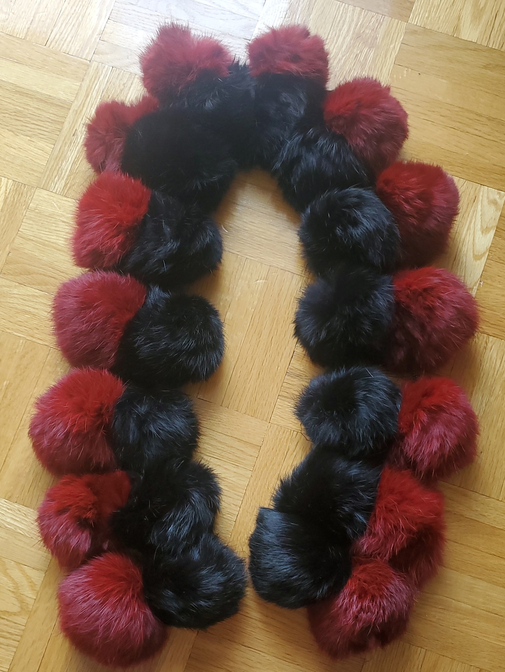 Rabbit Fur Thick Pompom Bubble Scarf Collar Burgandy & Black
